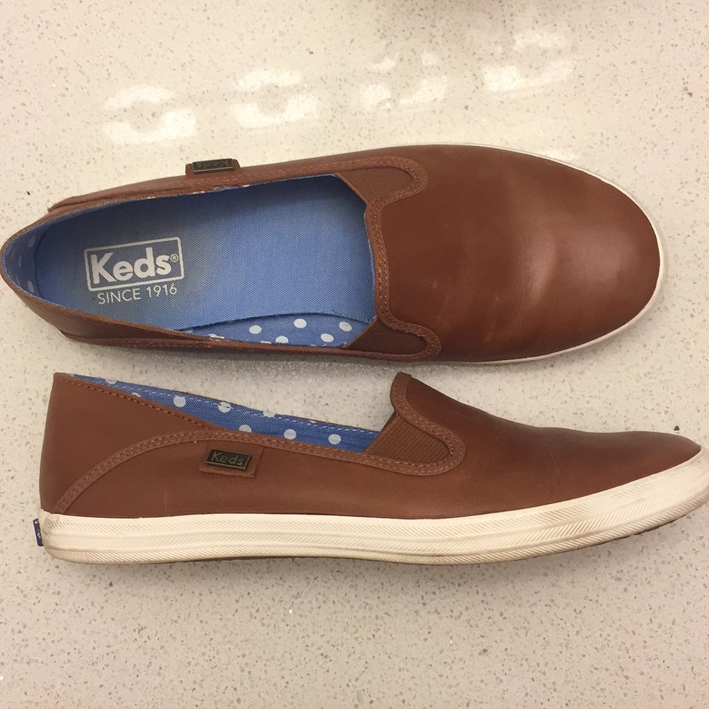 Brown leather Ked slip on sneakers